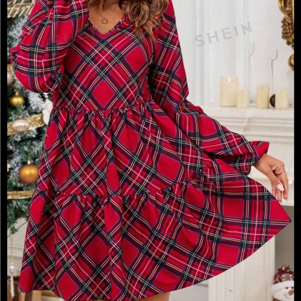 SHEIN Red Long Sleeve V-Neck Sundress